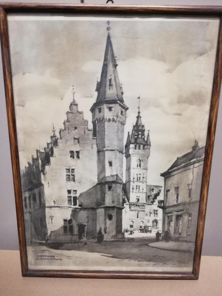 * H. Verbaere: kunstprint: stadhuis Dendermonde, Antiek en Kunst, Kunst | Schilderijen | Klassiek, Ophalen of Verzenden