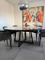 Ronde tafel met glas en stalen poot (160cm), Ophalen, Eikenhout, 150 tot 200 cm, Rond