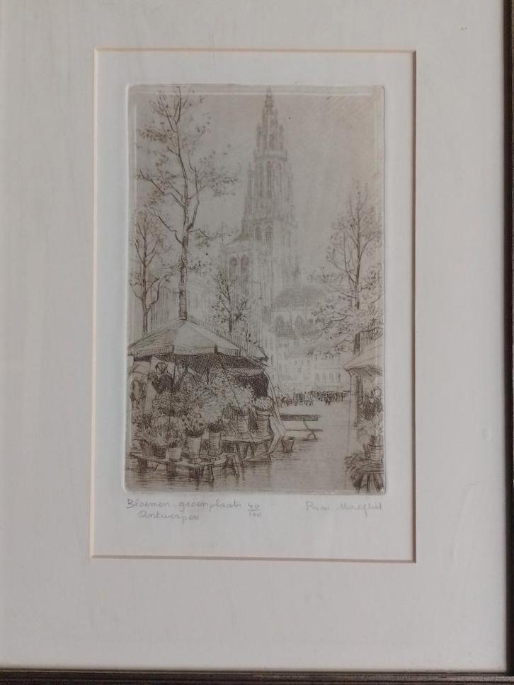 Romain Malfliet  1910 - 2006  Ets  Bloemen Groenplaats, Antiek en Kunst, Kunst | Etsen en Gravures, Verzenden