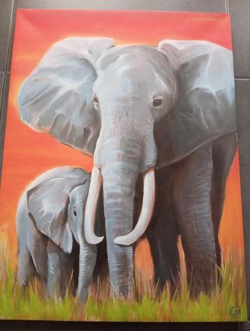 Olifant met jong, canvas beschikbaar voor biedingen