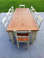 Massief houten tafel met 10 stoelen, Ophalen, Gebruikt, 200 cm of meer, 50 tot 100 cm