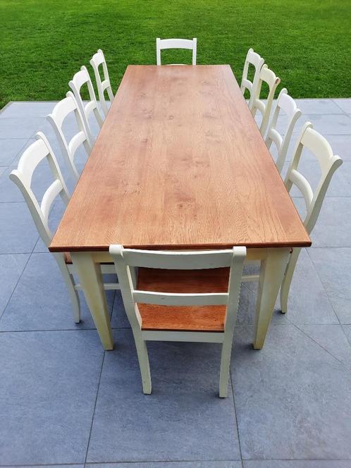 Massief houten tafel met 10 stoelen, Huis en Inrichting, Tafels | Eettafels, Gebruikt, 50 tot 100 cm, 200 cm of meer, Rechthoekig