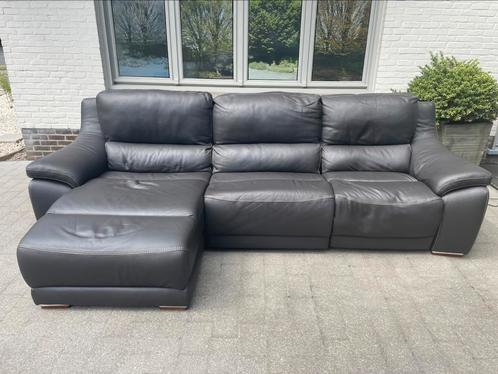 Zwarte/grijze lederen zetel met 2 relaxen (Franco Ferri), Huis en Inrichting, Zetels | Zetels, Zo goed als nieuw, Rechte bank