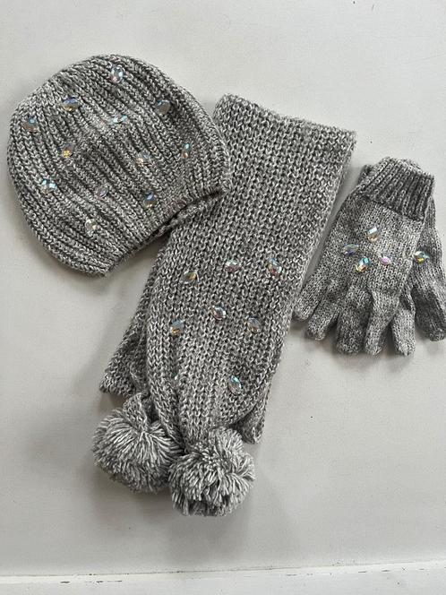 Ensemble en lainage gris chiné - Bonnet/gants/écharpe, Kinderen en Baby's, Kinderkleding | Maat 128, Zo goed als nieuw, Meisje