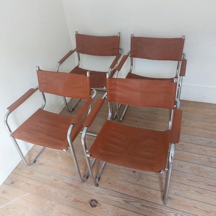 4 stoelen Mart Stam MG5, Huis en Inrichting, Stoelen, Gebruikt, Vier, Leer, Metaal, Bruin, Ophalen