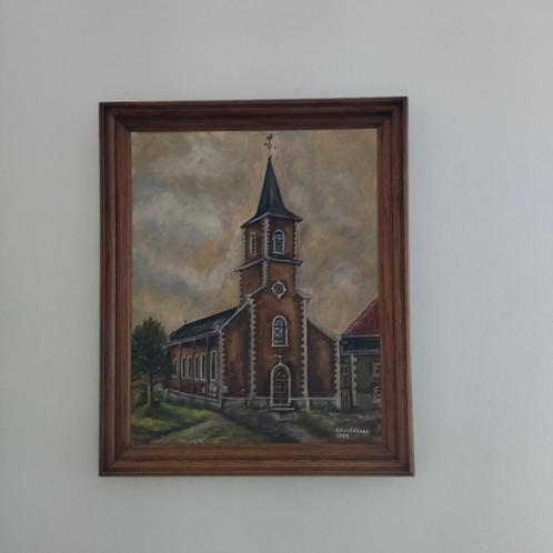 Schilderij van de Sint-Alexanderkerk in Xhendlesse, Antiek en Kunst, Kunst | Schilderijen | Klassiek, Ophalen of Verzenden