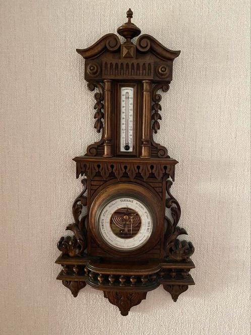 Antieke gesneden houten thermometer en barometer, Antiek en Kunst, Antiek | Woonaccessoires, Ophalen