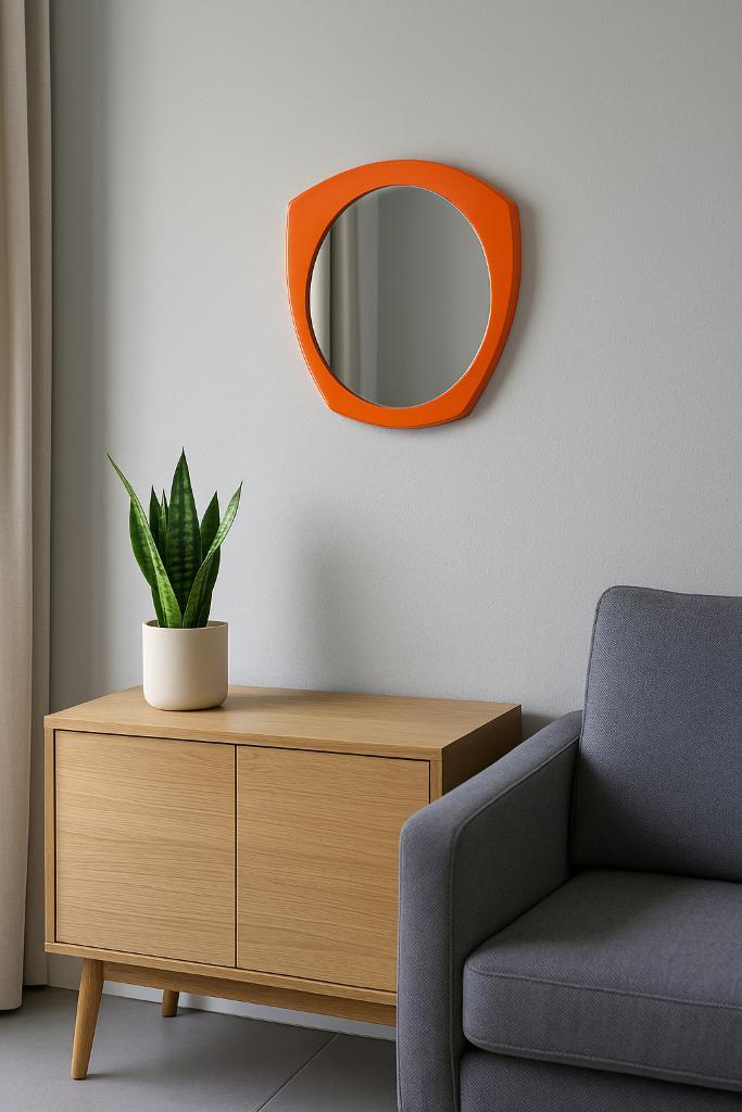 Prachtige oranje vintage spiegel, Huis en Inrichting, Woonaccessoires | Spiegels, Gebruikt, Overige vormen, Ophalen of Verzenden