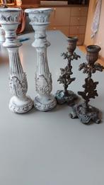 4 kandelaars. 2 in koper en 2 in hout. 25 en 19 hoog, Antiek en Kunst, Ophalen