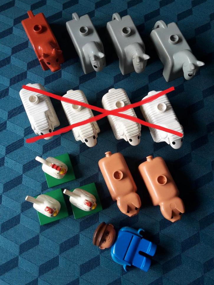 Vintage Duplo boer en boerderijdieren, 11 stuks, ca 1980, Kinderen en Baby's, Speelgoed | Duplo en Lego, Gebruikt, Duplo, Losse stenen