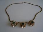 Vintage Halssnoer met strass en groen glas, Overige materialen, Gebruikt, Ophalen of Verzenden, Goud