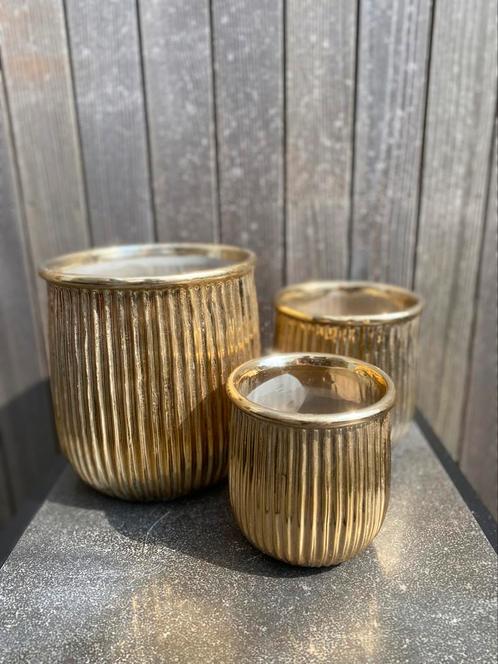 Set van 3 gouden decoratieve potten, Tuin en Terras, Bloempotten, Gebruikt, Ophalen of Verzenden
