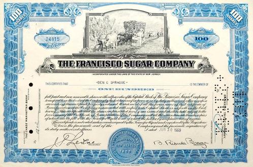 The Francisco Sugar (Cuba) Company 1959, Postzegels en Munten, Aandelen en Waardepapieren, Certificaat van aandeel, 1950 tot 1970