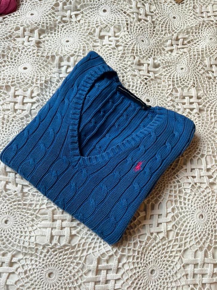 Ralph Lauren kabeltrui cable knit V-hals (XS), Kleding | Dames, Truien en Vesten, Zo goed als nieuw, Blauw, Ophalen of Verzenden