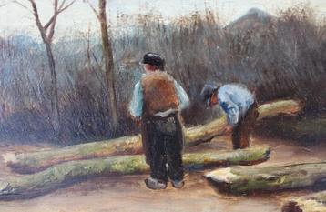 Oud olieverf paneel schilderij en gesigneerd beschikbaar voor biedingen
