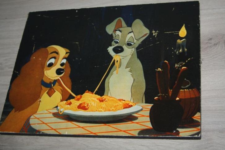 Retro Disney houten plaat met lakprint ,Lady en de vagebond, Verzamelen, Disney, Gebruikt, Plaatje of Poster, Overige figuren