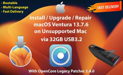 Installeer macOS Ventura 13.7.6 op Niet Ondersteunde Mac USB, Computers en Software, Besturingssoftware, Nieuw, MacOS, Verzenden