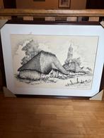 Grote pentekening ingekaderd zonder glas, Antiek en Kunst, Ophalen