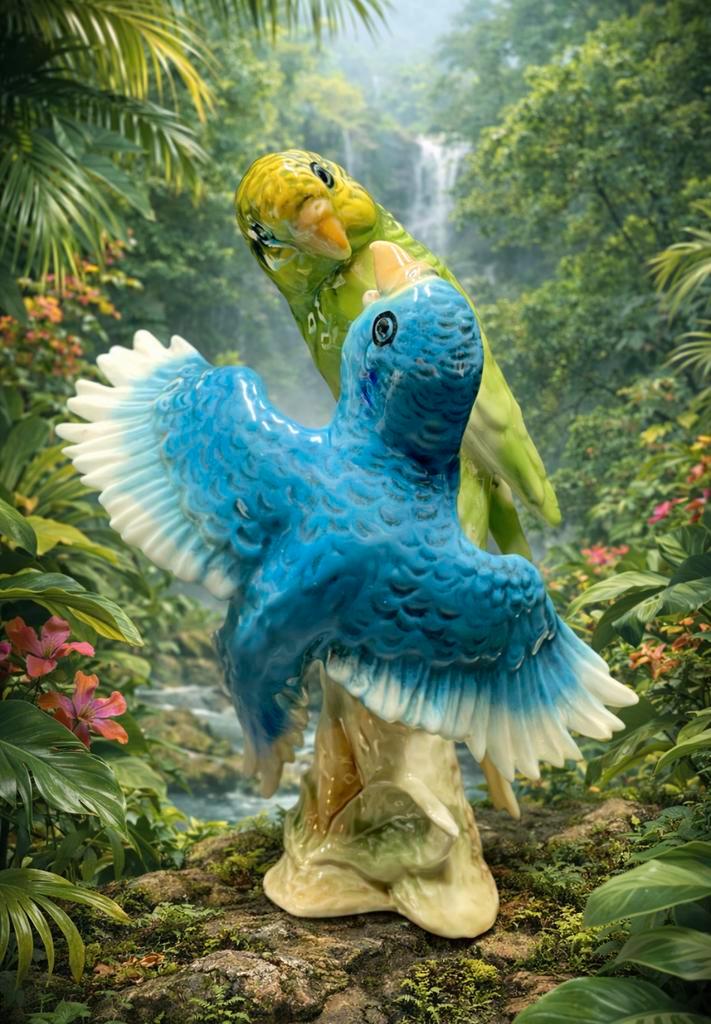 Figurine vintage en porcelaine Deux perruches (Goebel), Collections, Statues & Figurines, Comme neuf, Enlèvement ou Envoi