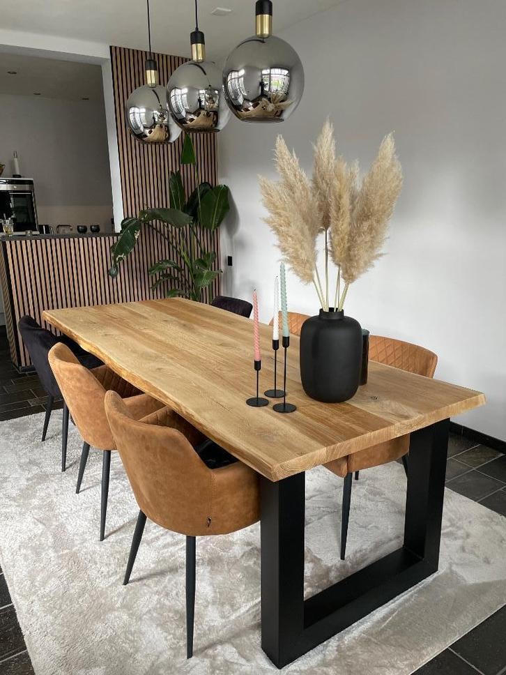 Massief eiken eettafel – 5 cm dik blad | Inclusief stoelen, Huis en Inrichting, Tafels | Eettafels, Zo goed als nieuw, 50 tot 100 cm