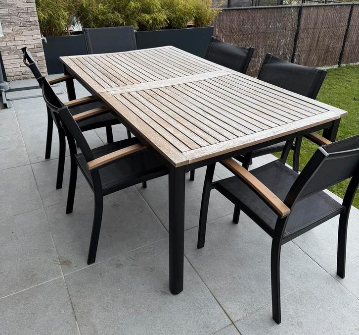 Tuintafel hout - 6 stoelen, Tuin en Terras, Tuinsets en Loungesets, Gebruikt, Tuinset, Hout, 6 zitplaatsen, Stoel, Ophalen