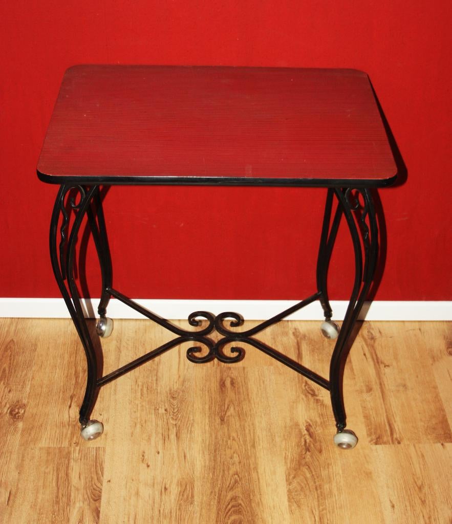 Vintage TV-Tafel Op Wieltjes / Smeedijzeren Onderstel / 60's, Ophalen, Overige houtsoorten, Zo goed als nieuw, Vintage / Jaren 60