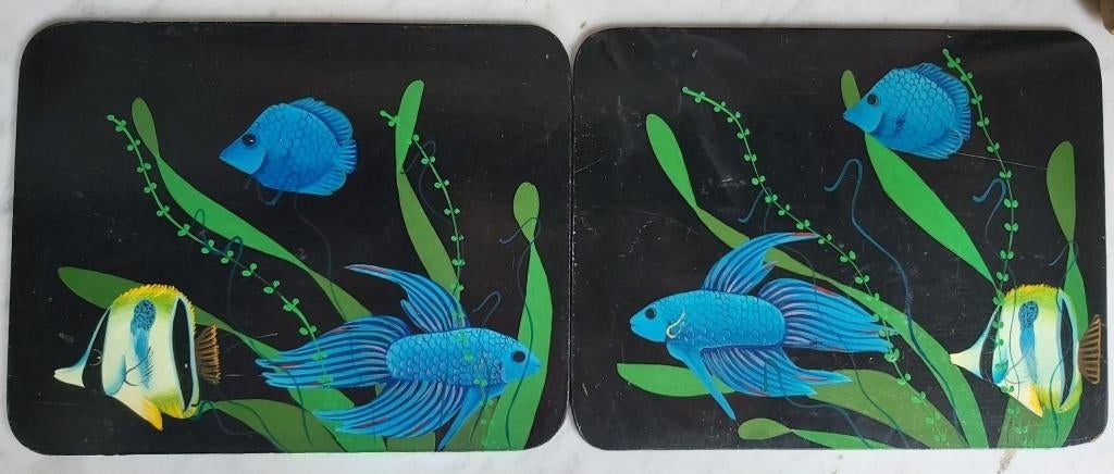 2 kleurrijke vintage vissen schilderijen op hardboard, Ophalen