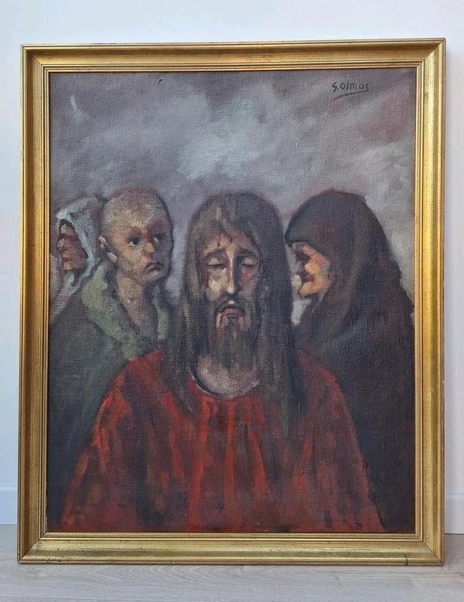 Peinture à l'huile sur jute S.Olmos 'Jésus en captivité', Antiquités & Art, Enlèvement