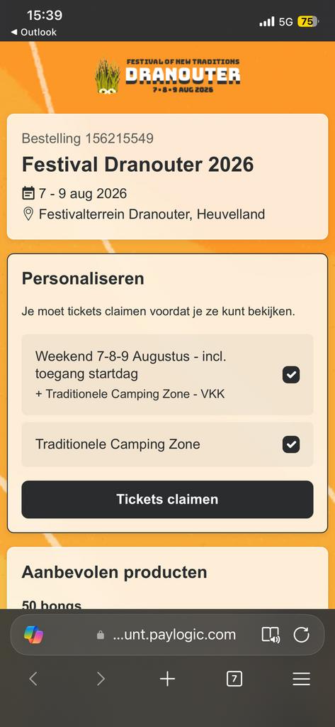 Ticket dranouter volledig weekend +camping, Eén persoon, Meerdaags