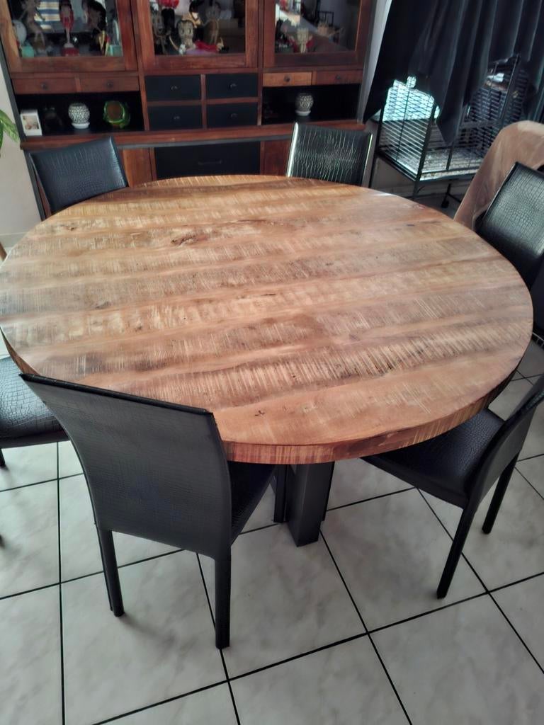 Table à manger en bois de manguier avec 6 chaises en cuir no, Maison & Meubles, Enlèvement
