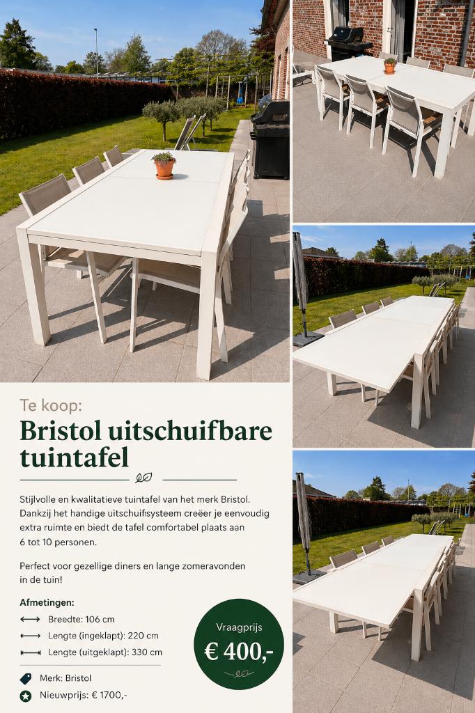 Bristol uitschuifbare tuintafel (220–330 cm), Ophalen, Gebruikt, Rechthoekig, Aluminium