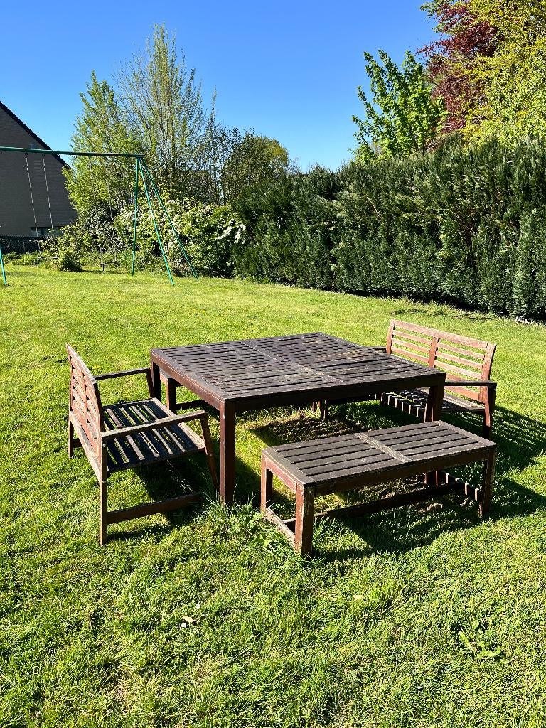 Salon de jardin en bois ️– table + banc + 2 fauteuils, Enlèvement, Utilisé, Carré, Bois