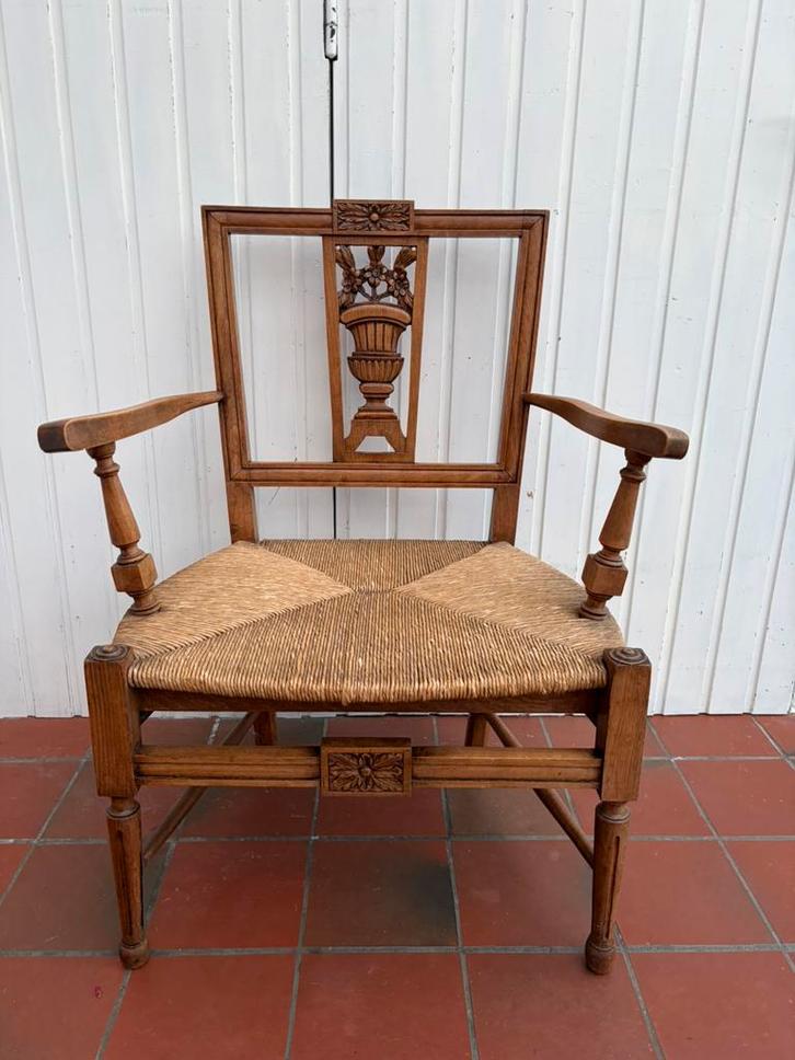 Fauteuil bois sculpter / paille vintage, Maison & Meubles, Fauteuils, Utilisé, Bois, Enlèvement