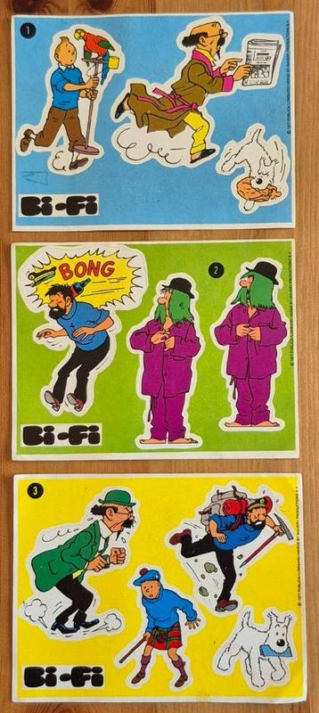 Kuifje complete reeks 3 stickers Bi-Fi 1977 Hergé Tintin, Enlèvement ou Envoi, Tintin, Comme neuf, Image, Affiche ou Autocollant