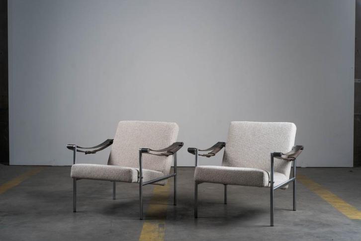 2 x Martin Visser - 't Spectrum 'SZ08' fauteuil, Huis en Inrichting, Fauteuils, Gebruikt, Leer, Metaal, Stof, Ophalen