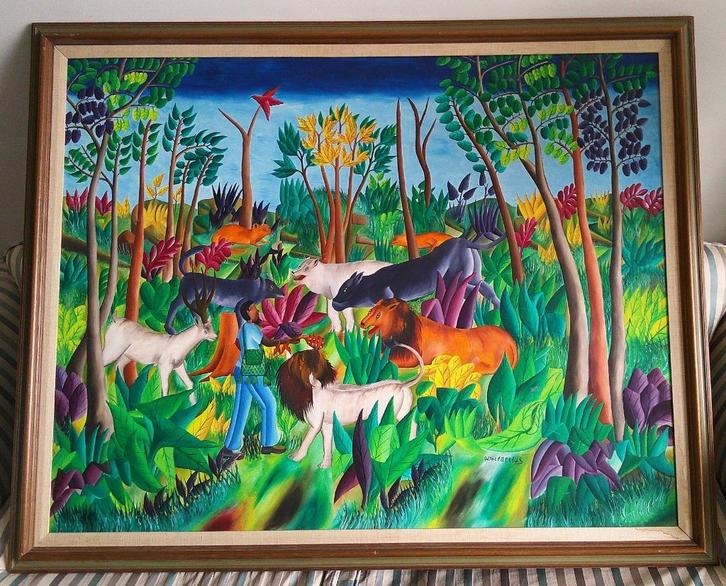 GROOT - Man met dieren in het oerwoud - Daniel Orelus, Antiek en Kunst, Kunst | Schilderijen | Klassiek, Ophalen