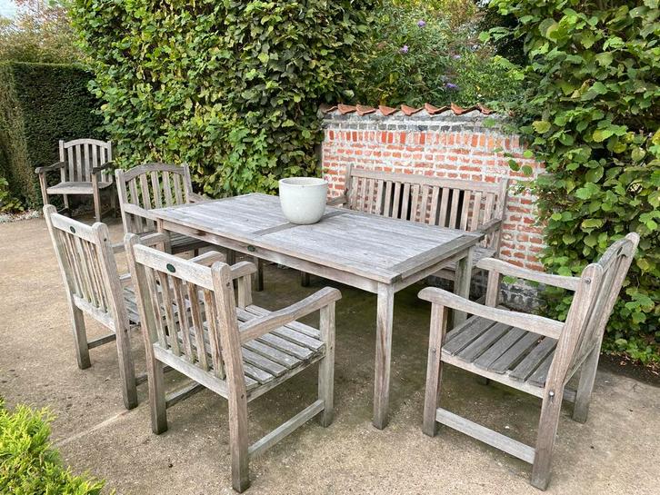 TOPPER-Mooie hard houten tuinset TEAK, tafel, bank, 5 stoele, Tuin en Terras, Tuinsets en Loungesets, Gebruikt, Tuinset, Hardhout