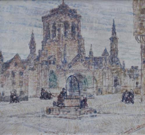 Alfons Blomme (1889-1979): Kerkplein (O/D, 84 x 80 cm), Antiquités & Art, Art | Peinture | Classique, Enlèvement ou Envoi