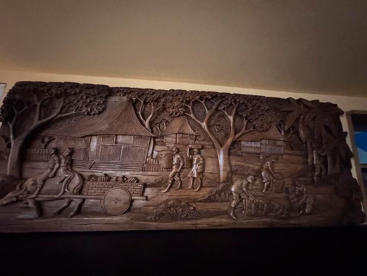 Indonesisch handgesneden paneel uit hout, Antiquités & Art, Art | Sculptures & Bois, Enlèvement