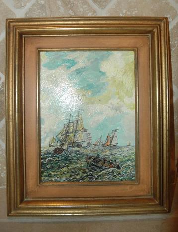 Schilderij met schepen op zee.