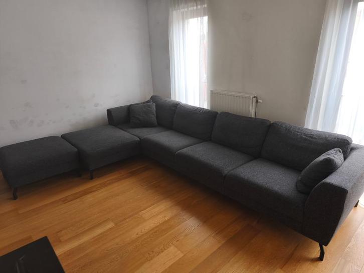 Hoekzetel Grijs 5 Personen + Poef, Huis en Inrichting, Zetels | Complete zithoeken, Zo goed als nieuw, Stof, Ophalen