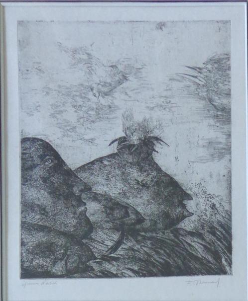 FRANS MINNAERT / TWEE KOPPEN / ZW-W ETS / 71x56cm / KADER, Antiek en Kunst, Kunst | Litho's en Zeefdrukken, Ophalen