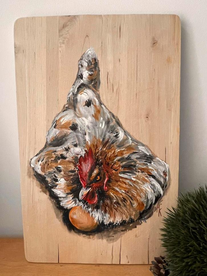 Schilderij op hout kip en ei door Mk Art, Antiek en Kunst, Kunst | Schilderijen | Klassiek, Ophalen of Verzenden