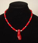 Collier van rood natuursteen met koraalhanger zilver, Handtassen en Accessoires, Kettingen, Verstelbaar, Verzenden, Nieuw, Steen of Mineraal
