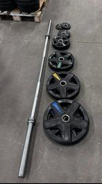 107,5kg Olympische Rubberen Lifemaxx Gewichten + Barbell, Sport en Fitness, Fitnessmaterialen, Ophalen, Gebruikt, Halterschijven