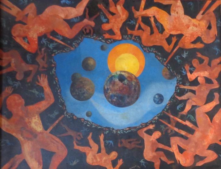 AUBIN PASQUE / VOGYAGE COSMIQUE / OLIEVERF PANEEL 103x128cm, Antiek en Kunst, Kunst | Schilderijen | Modern, Ophalen