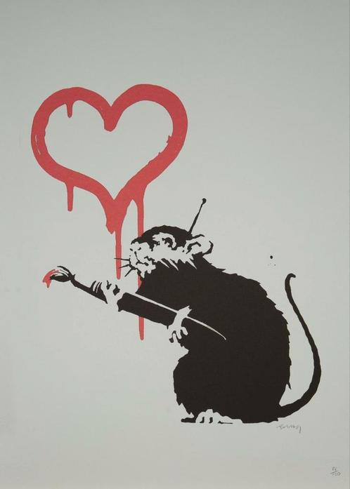 Banksy - Love Rat, Antiquités & Art, Art | Lithographies & Sérigraphies, Enlèvement ou Envoi