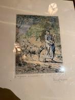 GRAVURE AQUARELLE ENCADRÉE VINTAGE PAR JEAN-FRANCIS MILLET, Enlèvement ou Envoi