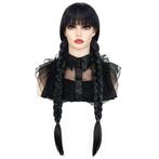 Luxe Wednesday Addams zwarte pruik met vlechten en pony, Verzenden, Nieuw
