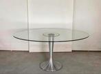 Design ovale tafel met glazen blad 160x108cm, Comme neuf, 100 à 150 cm, Ovale, Vintage Chrome